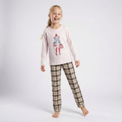 La-V pyjama set voor meisjes met geruite flanel broek Creme 116-122