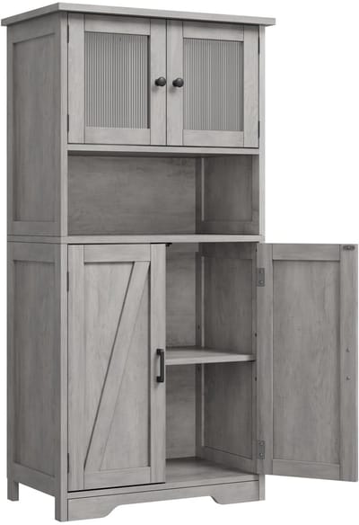 Badkamerkast met Glazen Deuren - 60x30x128cm - Vrijstaand Opbergkast met Verstelbare Planken en Lade - Buffetkast voor Woonkamer Eetkamer of Badkamer Organisatie - Grijs