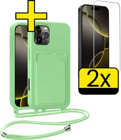 Hoesje Geschikt voor iPhone 16 Pro Telefoonhoesje Met Koord Case Pashouder Met 2x Screenprotector Siliconen - Hoes Geschikt voor iPhone 16 Pro Hoesje Met Kaarthouder - Groen