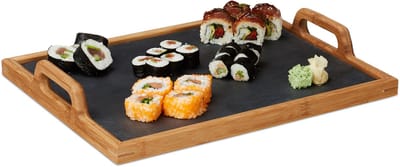 dienblad - leisteen - 6 x 40,5 x 32 cm - bamboe - 2 handvaten - decoratie - keuken
