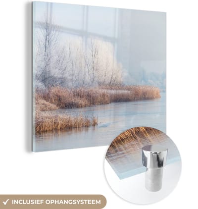 MuchoWow® Glasschilderij 90x90 cm - Schilderij acrylglas - Landschap - Winter - Sneeuw - IJs - Ochtend - Foto op glas - Schilderijen