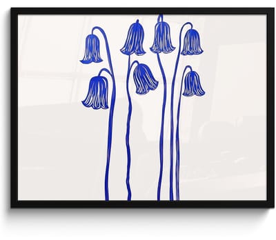 Poster in lijst - Fotolijst 80x60 cm - Posters - Bloemen - Blauw - Lijnen - Bloemblaadjes - Posterlijst zwart - Decoratie - Wanddecoratie woonkamer - Muurdecoratie slaapkamer