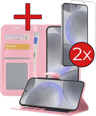 Hoesje - Met 2x Screenprotector - Geschikt voor Samsung Galaxy S24 - Luxe Pasjeshouder - Flip Case - Bookcase Portemonee - Kunstleer Book Case - Flipcase Hoes - Book Cover - Walletcase - Portemonneehoes - Telefoonhoes - Lichtroze