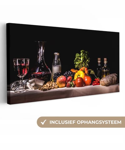 Stilleven schilderij - Eten en drinken - Tafel - Kleed - Wijn - Canvas stilleven - Schilderij stilleven - Wanddecoratie - 40x20 cm