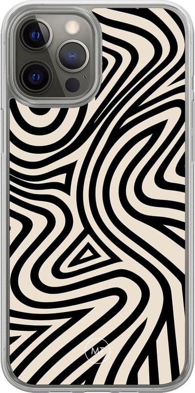 Hybride hoesje geschikt voor iPhone 12- Groovy lines - Extra bescherming - Luxe beschermhoes - TPU case - Transparant, Zwart - Mooie Telefoonhoesjes