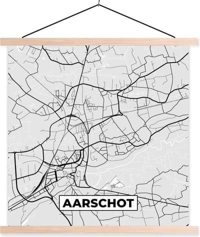 Posterhanger incl. Poster 40x40 cm - Schoolplaat - Plattegrond – Aarschot – Zwart Wit – Stadskaart - Kaart - Textielposter - Blanke latten - Stadskaart