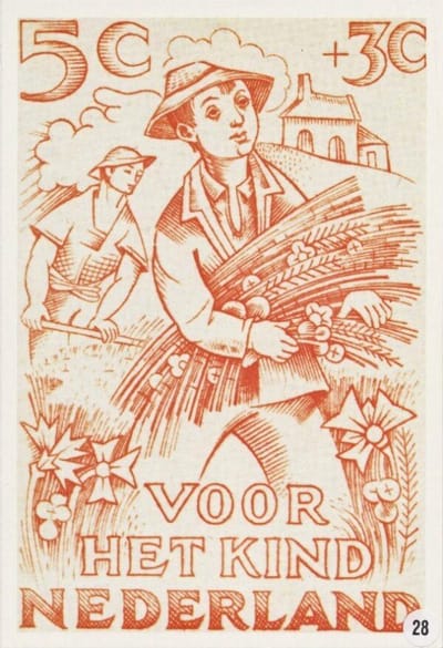Briefkaart met afbeelding zinnebeeldige voorstelling van een jongen in de zomer postzegel
