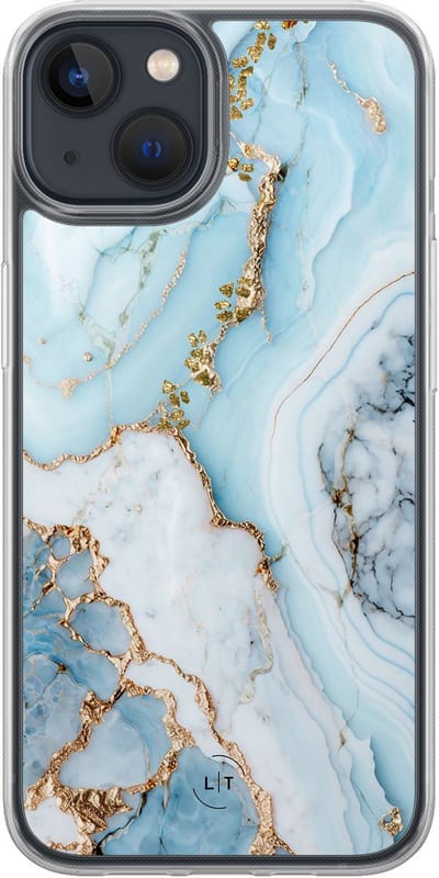 Hoesje geschikt voor iPhone 13 - Marmer babyblauw - 2in1 backcover - Marmer - Blauw - Leuke Telefoonhoesjes