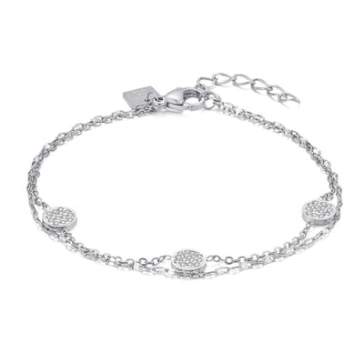 Twice As Nice Armband in edelstaal, dubbele ketting, 3 rondjes met witte kristallen 16cm+3cm