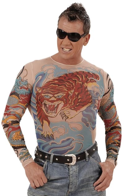 Widmann -Tattoo Shirt Tijger En Draak, Man - beige,multicolor - Medium / Large - Carnavalskleding - Verkleedkleding