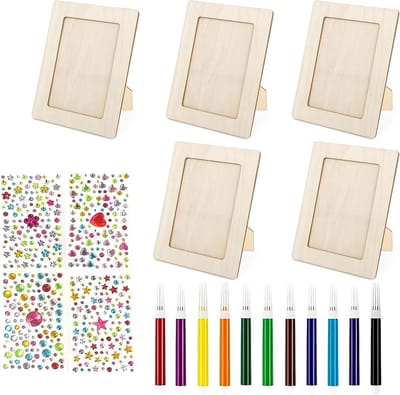 Creatieve Knutselset voor Kinderfeestjes: 10 Houten Fotolijsten om te Schilderen, Inclusief 12 Kleurrijke Potloden en Strass Steentjes voor DIY Fotolijsten voor Kinderen