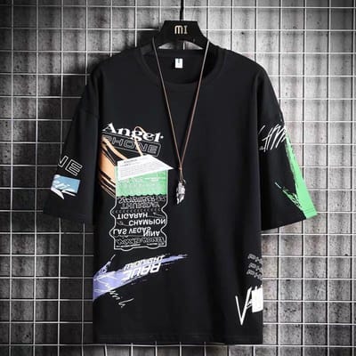 T-shirt met zomerprint, los T-shirt voor heren met korte mouwen, Trend Graffiti-patroon en vijfpuntsmouwen L zwart