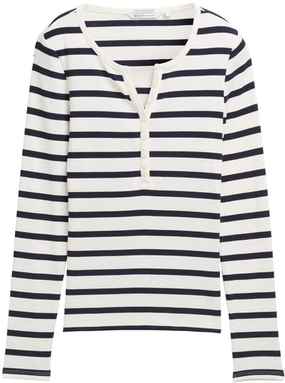 Tom Tailor Denim - Slim fit Henley-shirt met lange mouwen - Maat XXL - white navy stripe
