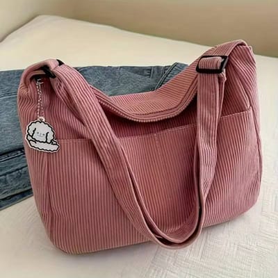 Dames Schoudertas van Corduroy, Casual Gestreepte Tote met Grote Capaciteit en Ritssluiting, Leuke Hoed Patch, Perfect voor Dagelijks Gebruik