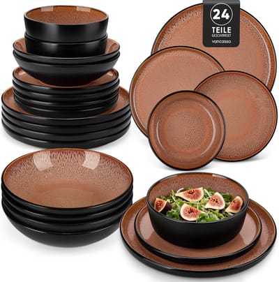 Luxe Serviesset – 24 delig – 6 persoons – Steengoed - Bordenset – Dinner platen – Dessertborden - Kommen - Pastabord - Bruin