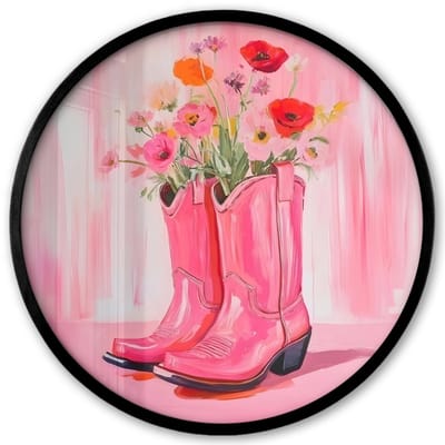 Poster in lijst Rond - Fotolijst 40x40 cm - Posters - Roze - Bloemen - Cowboy - Ronde posterlijst zwart - Decoratie - Wanddecoratie woonkamer - Muurdecoratie slaapkamer