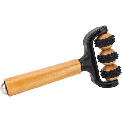Handheld Prikkelende Massageballen Roller 3 Wielen Ergonomisch Handvat Houten Spier Massage Roller Gereedschap black