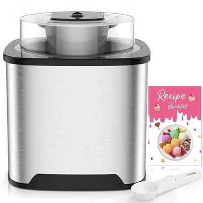 IJsmachine 2L RVS – 20-40 Min Bereidingstijd – Transparant Deksel – Voor IJs – Sorbet & Frozen Yogurt – Inclusief Receptenboek & IJsschep – Zilver