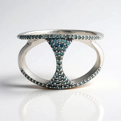 Cavill - 925 Sterling Zilveren Ring met Blauwe Diamant 0,25 ct - Rhodiumcoating - Moderne Pavé Zetting - Elegante Blauw-Groene Damesring