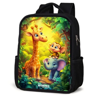 NoBoringSuitcases.com® - Rugzak zwart - Schooltas jongen & meisje - Giraf, olifant en aapje in het bos - Rugtas voor school - Boekentas kind - Schoolrugzak - Kinderrugzak