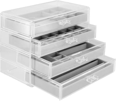 Dailygoods- Sieradenbox Hoogwaardige Acryl - Sieradenopberger met 4 Lades - Verstelbare Indeling - Earring/Necklace/Ring Opberger - Duurzaam en Zacht Velvet Interieur