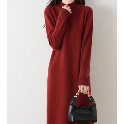 Casual Pullover Halfhoge Hals Effen Kleur Lange Kasjmier Trui Jurk voor Dames Herfst en Winter Nieuwe Gebreide Rechte Lange Rok 2XL gray