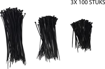 Kortpack - Set - 3x 100 stuks Ty-raps, Zwart - 100 mm + 160 + 200 mm lang - breedte = 2,5 mm - (099.1286)