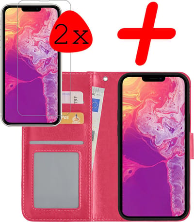 Hoesje Met 2x Screenprotector - Geschikt voor Apple iPhone 14 - Luxe Pasjeshouder - Bookcase Portemonee - Flip Case - Kunstleer Book Case - Flipcase Hoes - Book Cover - Walletcase - Portemonneehoes - Donkerroze