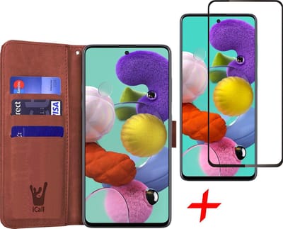 Hoesje geschikt voor Samsung Galaxy A51 - Screen Protector FullGuard - Book Case Kunstleer Pasjeshouder Bruin & Screenprotector