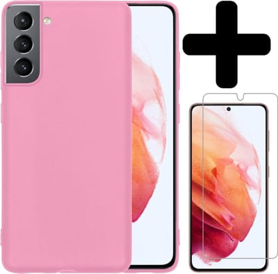 Hoesje - Met Screenprotector - Geschikt voor Samsung Galaxy S21 - Sterk & Shockproof - Telefoon Hoes - Back Cover - Siliconen Case - Telefoonhoes - Lichtroze