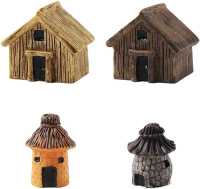 4x Miniatuur Rieten Huisjes voor Mos Terrarium en Feeëntuin Decoratie