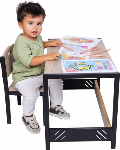 Industrial Living Speeltafelset – Activiteitentafel met Stoeltje – Kinderbureau – Montessori Kindermeubels – Eiken Grijs met Zwart