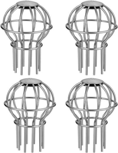 Geschikt voor ronde regenpijpen van 1,7" (ca. 4,3 cm) tot 2,4" (ca. 6,1 cm) — Stevig filter/zeef van 304 roestvrij staal — Houdt bladeren en ander vuil tegen — Hulpmiddel voor gootreiniging — 4-pack