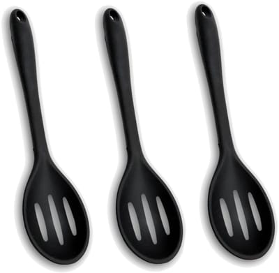 Siliconen Lepelset 3 ST. | Geperforeerde eetlepels Zwart | Eetlepel met gaatjes | Anti-aanbaklaag | Hittebestendig, Vaatwasbestendig | Schuimspaan, Roerlepel, Kooklepel, Opscheplepel, Gleuflepel | Lepel met haakje | Silicone Keukengerei, Kookgerei