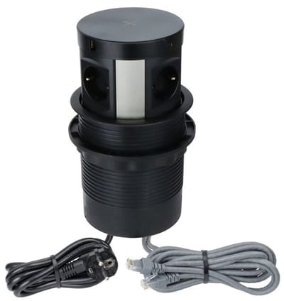 Design Light "Multibox" - Pop-up Stekkerblok met USB (A en C) en Netwerkkabel - Stekkerdoos met 4 Stopcontacten met Qi draadloze oplader - Verdeelstekker met Quickcharge 3.0 - Zwart