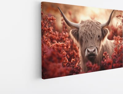 Saammp - Canvas Schilderij - Schotse Hooglander Koe tussen de rode bloemen - Dieren - Natuur - 45x30 - Foto op canvas - Wanddecoratie - muurdecoratie Woonkamer - Slaapkamer decoratie - Canvas Print