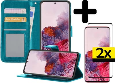 Hoesje - Met 2x Screenprotector - Geschikt voor Samsung Galaxy S20 - Luxe Pasjeshouder - Bookcase Portemonee - Flip Case - Kunstleer Book Case - Flipcase Hoes - Book Cover - Walletcase - Portemonneehoes - Telefoonhoesjes - Turquoise