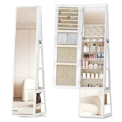 Sieradenkast met Spiegel – Voor Slaapkamer – Draaibare Sieraden Organizer 360° met Slot en 4 Opbergvakken – Wit/Beige