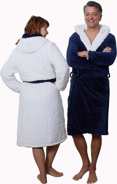 2 kanten draagbare badjas met teddy voering - navy - capuchon - unisex model - reversible badjas fleece