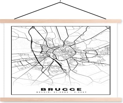 Posterhanger incl. Poster 90x60 cm - Schoolplaat - Plattegrond – Brugge – Zwart Wit – Stadskaart - Kaart - België - Textielposter - Blanke latten - Stadskaart