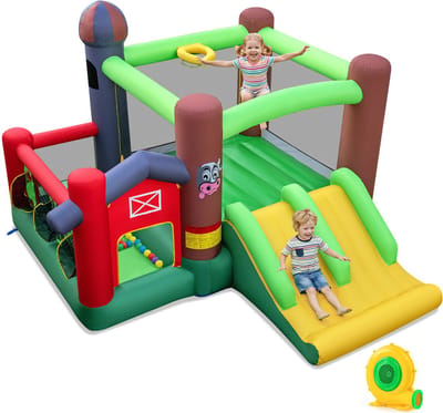 COSTWAY Springkasteel met blazer, dubbele glijbaan, opblaasbaar 6-in-1 boerderijstijl springkasteel met ballenbad, basketbalmand, werpspel, voor kinderen, 356 x 330 x 220 cm