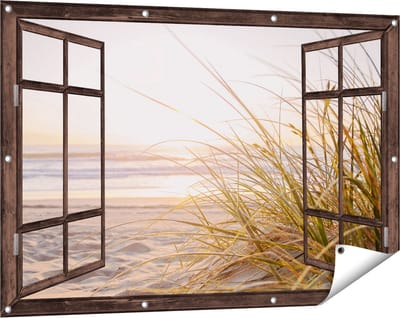 Gards Tuinposter Doorkijk Strand en Duinen tijdens Zonsondergang - 120x80 cm - Tuindoek - Tuindecoratie - Wanddecoratie buiten - Tuinschilderij