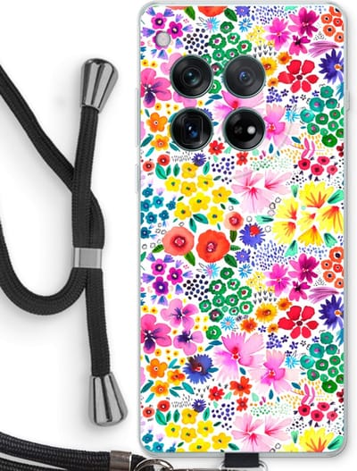 Case Company® - Hoesje met koord geschikt voor OnePlus 12r hoesje met Koord - Little Flowers - Telefoonhoesje met Zwart Koord - Bescherming aan alle Kanten en Over de Schermrand