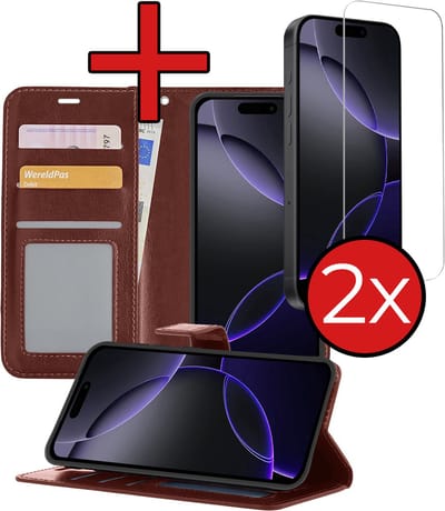 Hoesje - Met 2x Screenprotector - Geschikt voor Apple iPhone 16 Pro - Luxe Pasjeshouder - Flip Case - Bookcase Portemonee - Kunstleer Book Case - Flipcase Hoes - Book Cover - Walletcase - Portemonneehoes - Telefoonhoes - Bruin