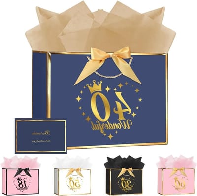 Cadeauzakjes voor Verjaardag met Handgrepen, Blauwgouden Papieren Zakjes, Inclusief Wenskaart en Zijdepapier voor Vrouwen en Meisjes, 28 x 20 cm