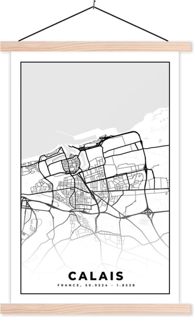 Posterhanger incl. Poster 40x60 cm - Schoolplaat - Stadskaart - Frankrijk - Calais - Kaart - Plattegrond - Zwart wit - Textielposter - Blanke latten - Stadskaart
