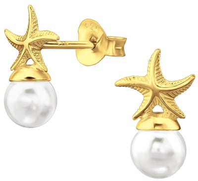 Joy|S - Zilveren ster met parel oorbellen - 7.5 x 13.5 mm - zeester - goldplated