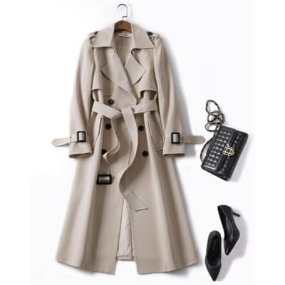 Dames Windjack Lang Lente en Herfst Nieuw Nieuw Effen Kleur Temperament Lange mouwen Revers Double-breasted Japans M beige