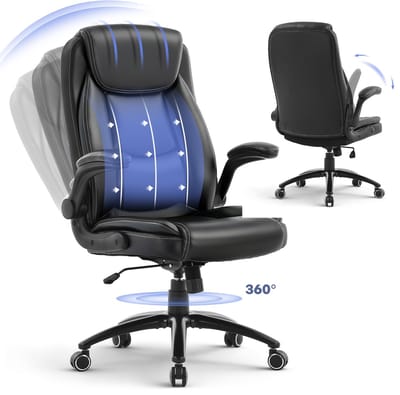 COLAMY Lederen bureaustoel - ergonomische computerstoel - hoge rugleuning - bureaustoel met veerkussen - verstelbare kantelvergrendeling - zwart