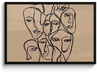 Poster in lijst - Fotolijst 90x60 cm - Posters - Gezichtenzee - Lijntekening - Abstract - Posterlijst zwart - Decoratie - Wanddecoratie woonkamer - Muurdecoratie slaapkamer